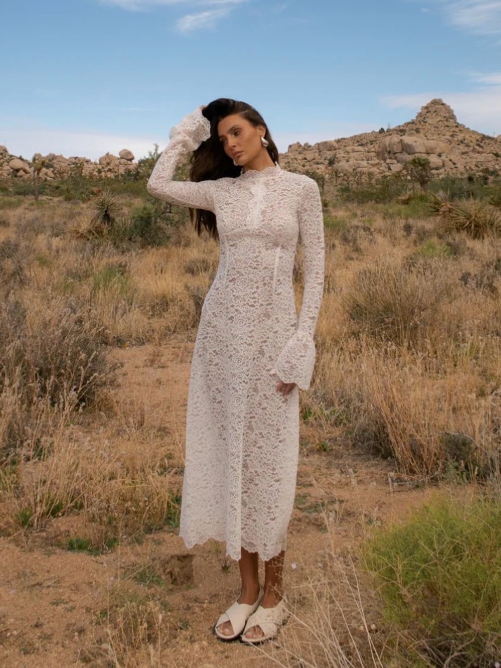 Bridal White Lace Long-Sleeve Midi Dress